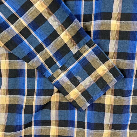 Ely Cattleman Button-Up Shirt Mens M Blue Tan Plaid Western Pearl Snap - Picture 8 of 9